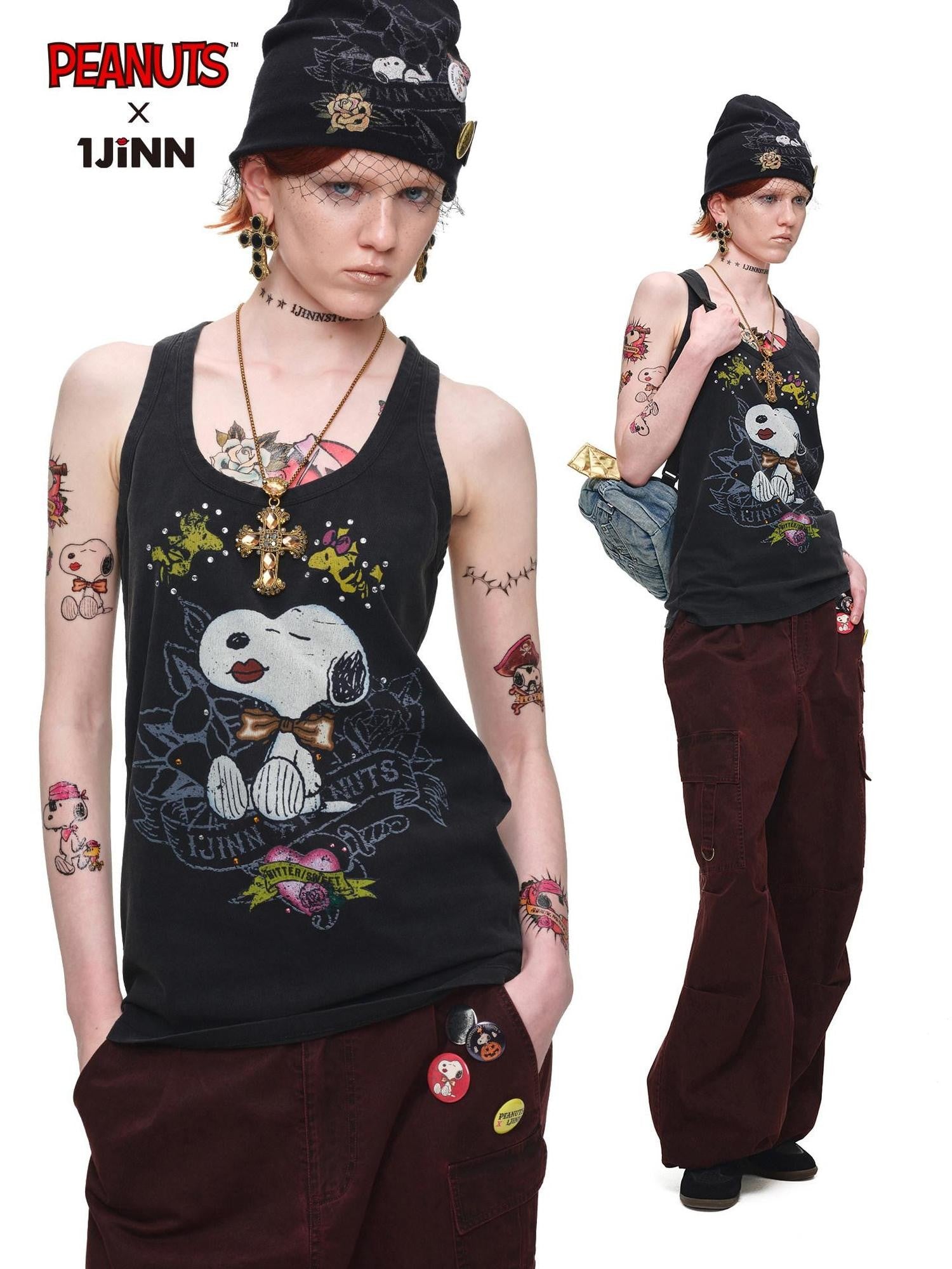 1JINN STUDIO Rhinestone Vintage Print Oversized Round Neck Racerback Women&