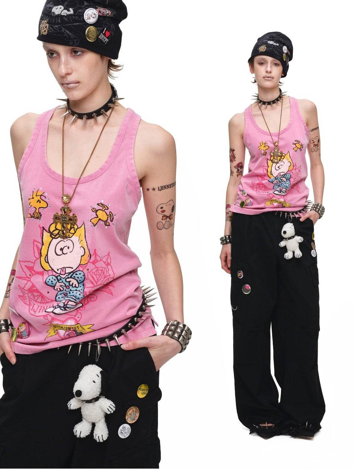 1JINN STUDIO Rhinestone Vintage Print Oversized Round Neck Racerback Women&
