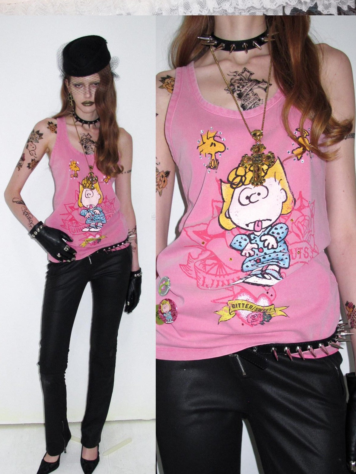 1JINN STUDIO Rhinestone Vintage Print Oversized Round Neck Racerback Women&