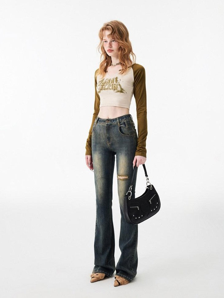 1JINN STUDIO Ripped Vintage Distressed Long Micro Flare Women&