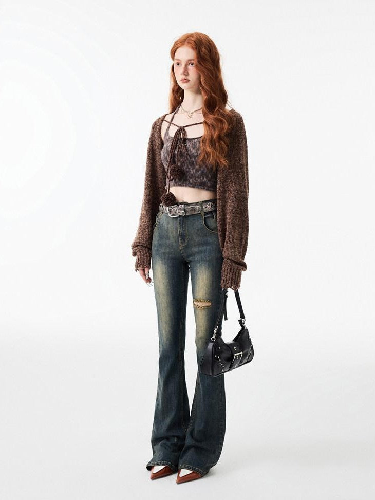 1JINN STUDIO Ripped Vintage Distressed Long Micro Flare Women&