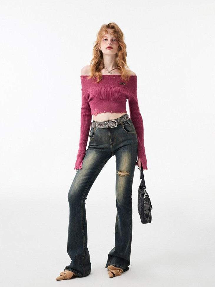 1JINN STUDIO Ripped Vintage Distressed Long Micro Flare Women&