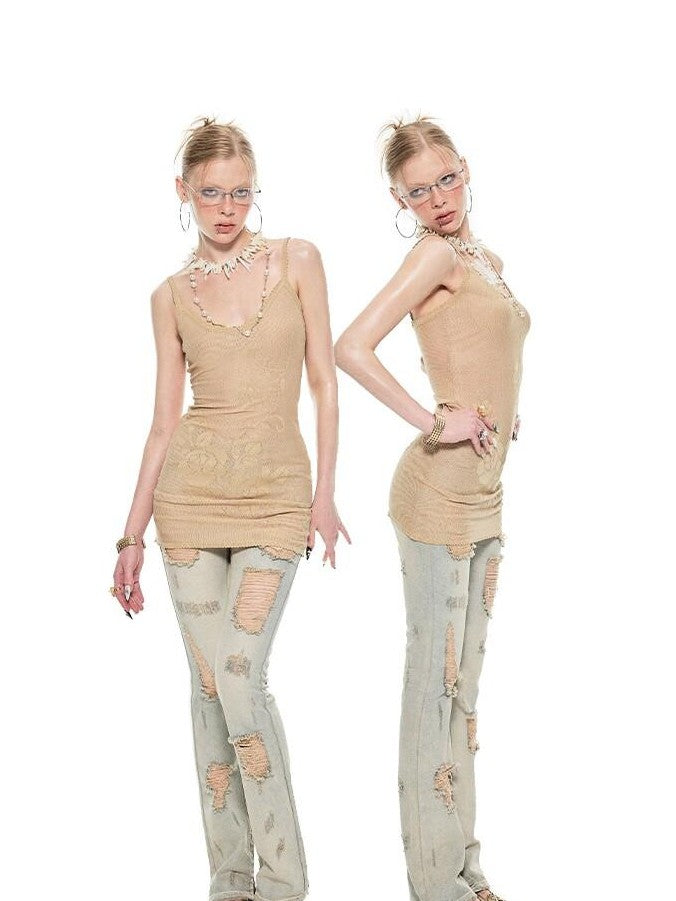1JINN STUDIO Rose Floral Knitted Cutout Shimmer V-neck Waist Cinch Women&