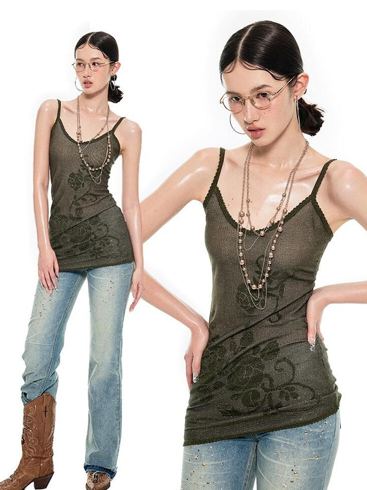1JINN STUDIO Rose Floral Knitted Cutout Shimmer V-neck Waist Cinch Women&