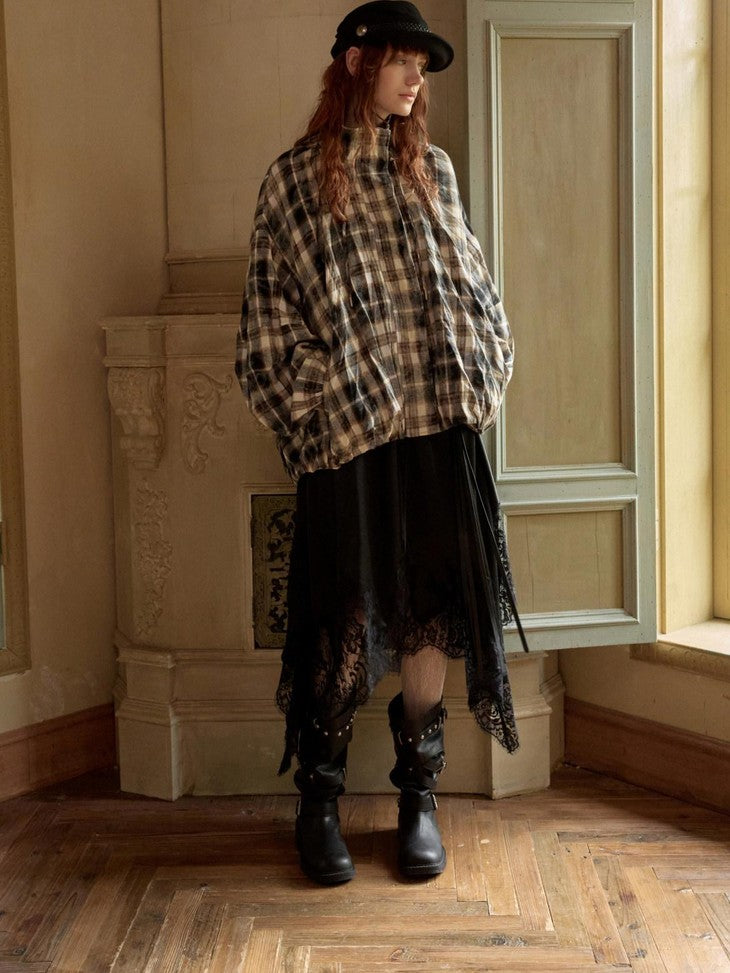 1JINN STUDIO Ruched Plaid Stand Collar Gathered Hem Women&