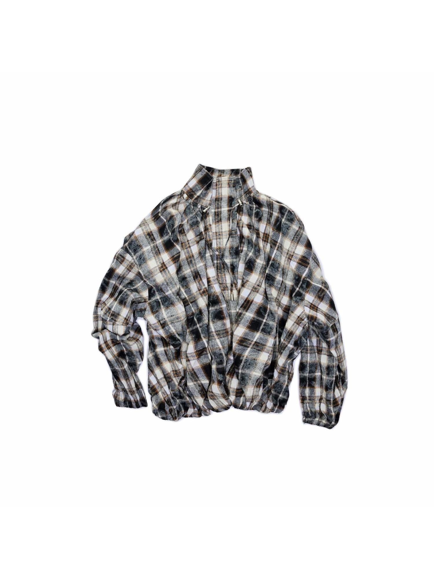 1JINN STUDIO Ruched Plaid Stand Collar Gathered Hem Women&