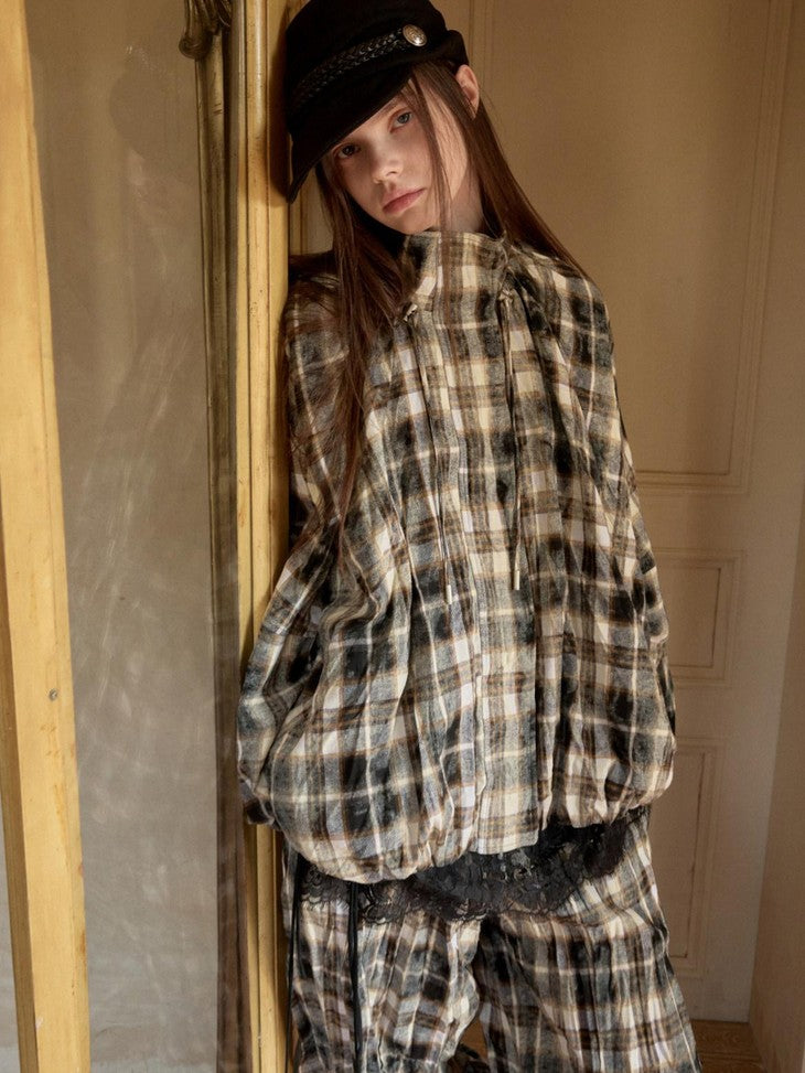 1JINN STUDIO Ruched Plaid Stand Collar Gathered Hem Women&