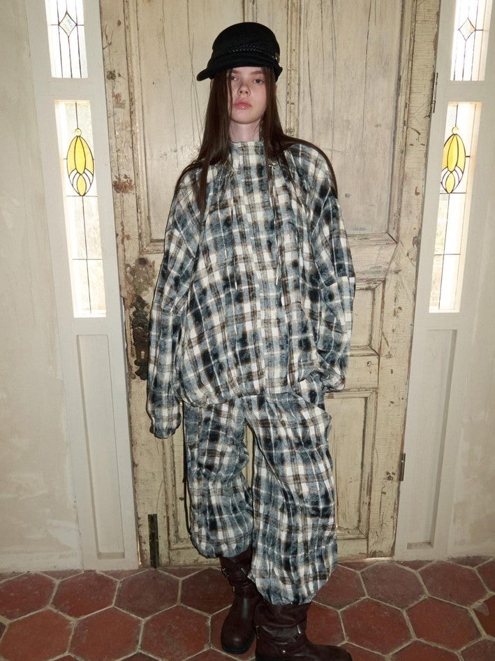 1JINN STUDIO Ruched Plaid Stand Collar Gathered Hem Women&