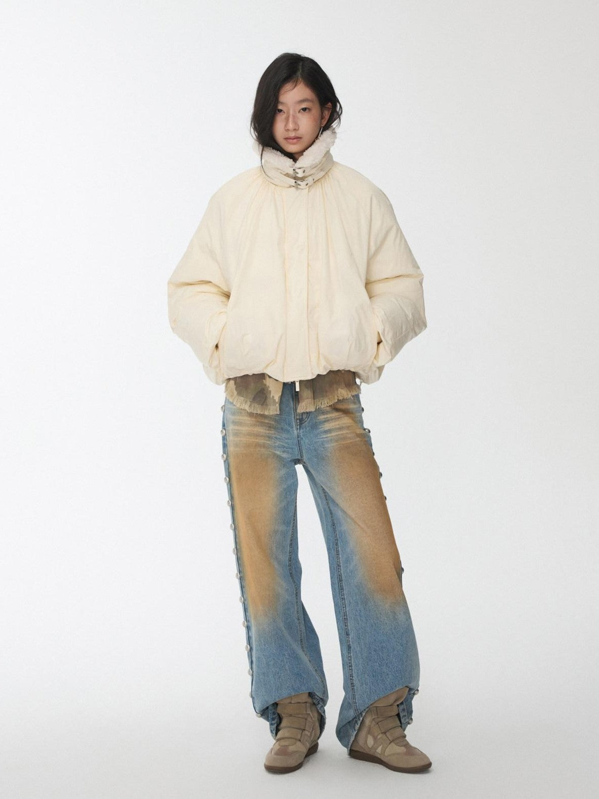 1JINN STUDIO Shearling Pleated Belted Stand Collar Women&