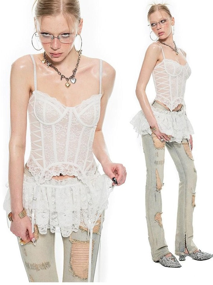 1JINN STUDIO Sheer Boned Underwire Front Button Waist Cutout Women&