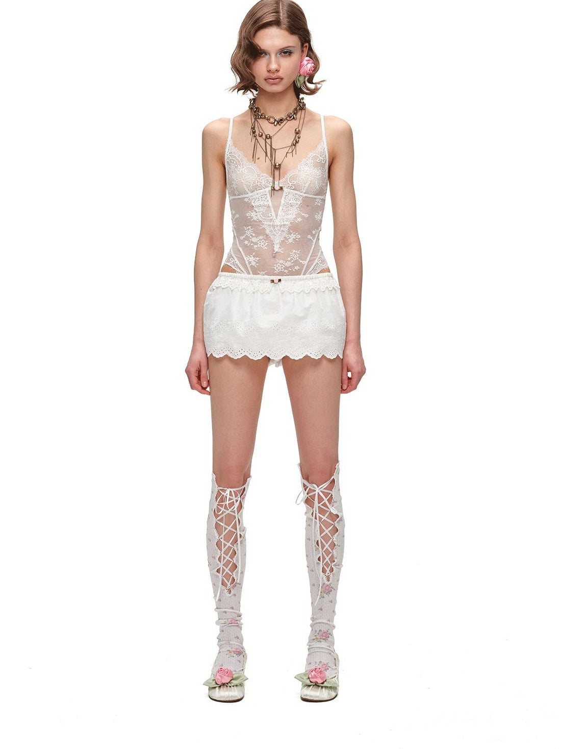 1JINN STUDIO Sheer Lace Mesh Spliced Strappy Bodysuit Women&