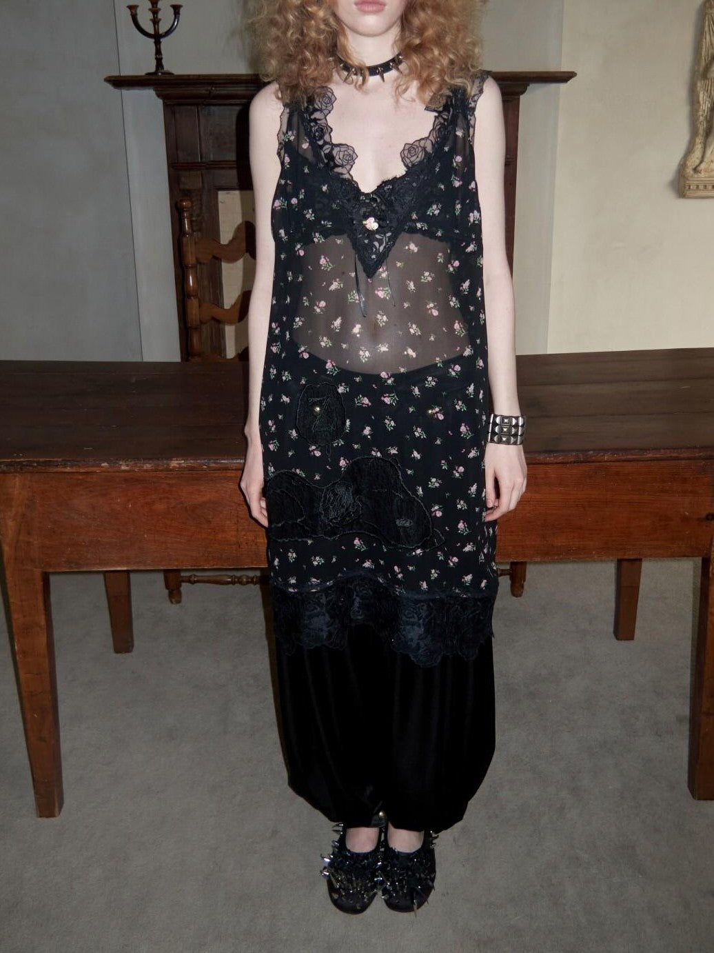 1JINN STUDIO Sheer V-neck Applique Embroidery Layered Women&