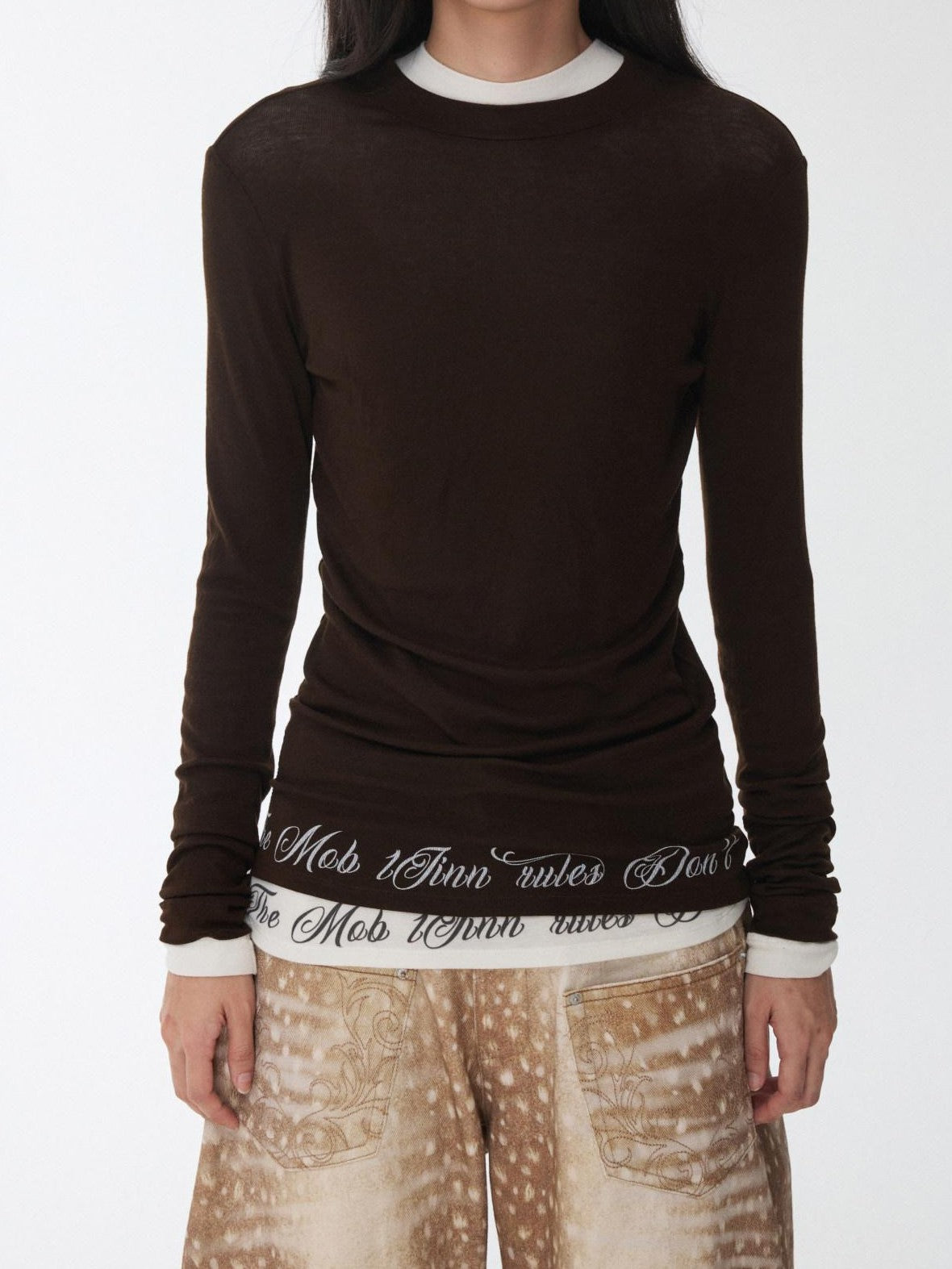 1JINN STUDIO Solid Crew Neck Sheer Hem Letter Print Women&