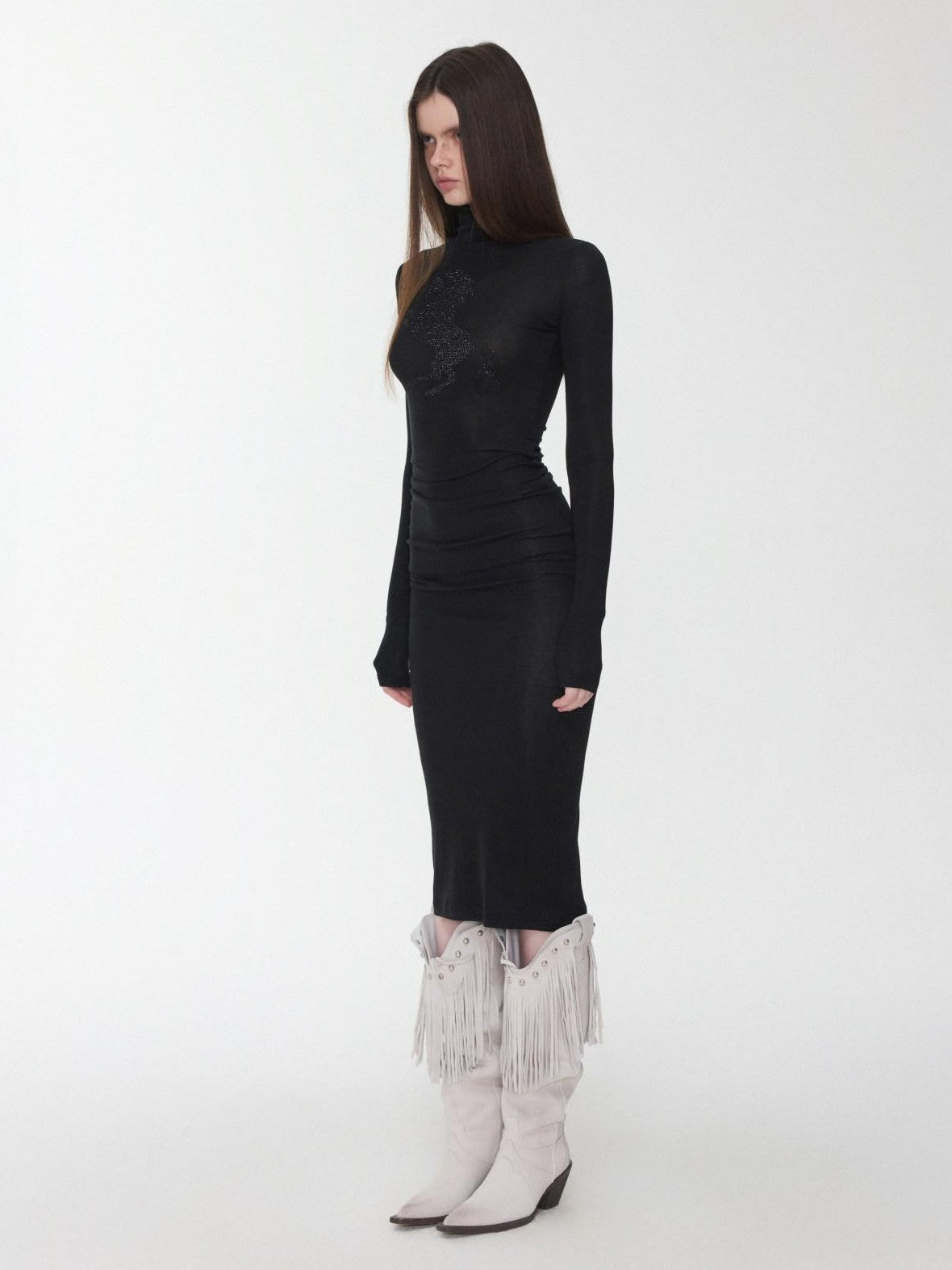 1JINN STUDIO Solid Rhinestone Mock Neck Slim Fit Women&