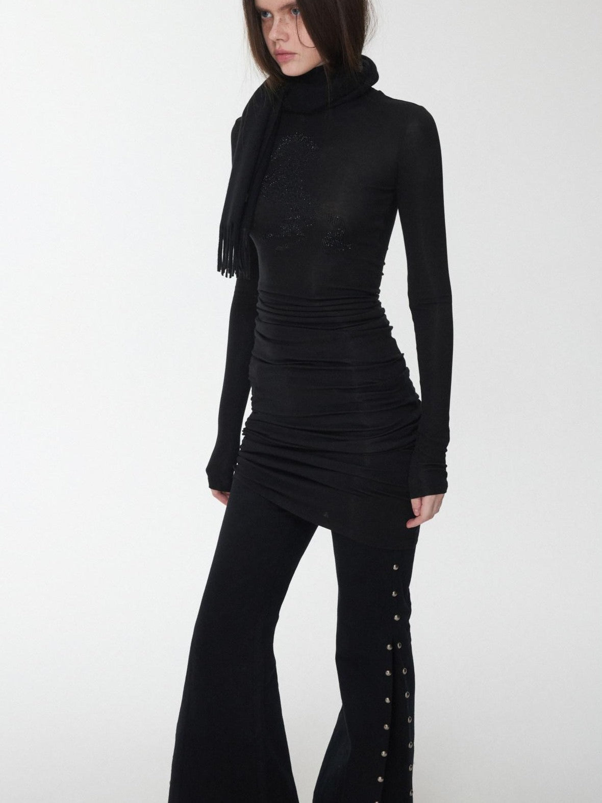 1JINN STUDIO Solid Rhinestone Mock Neck Slim Fit Women&