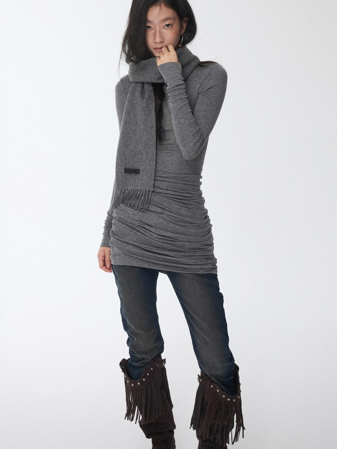 1JINN STUDIO Solid Rhinestone Mock Neck Slim Fit Women&