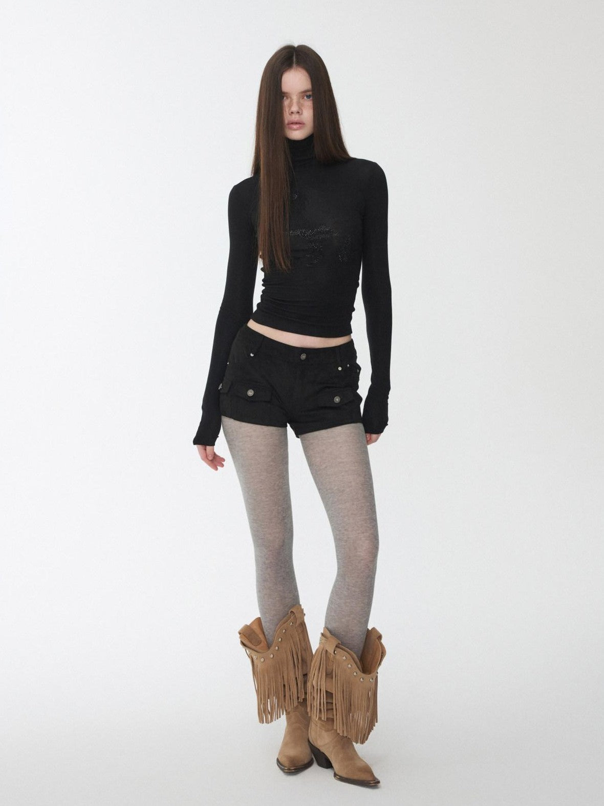 1JINN STUDIO Solid Rhinestone Mock Neck Slim Fit Women&