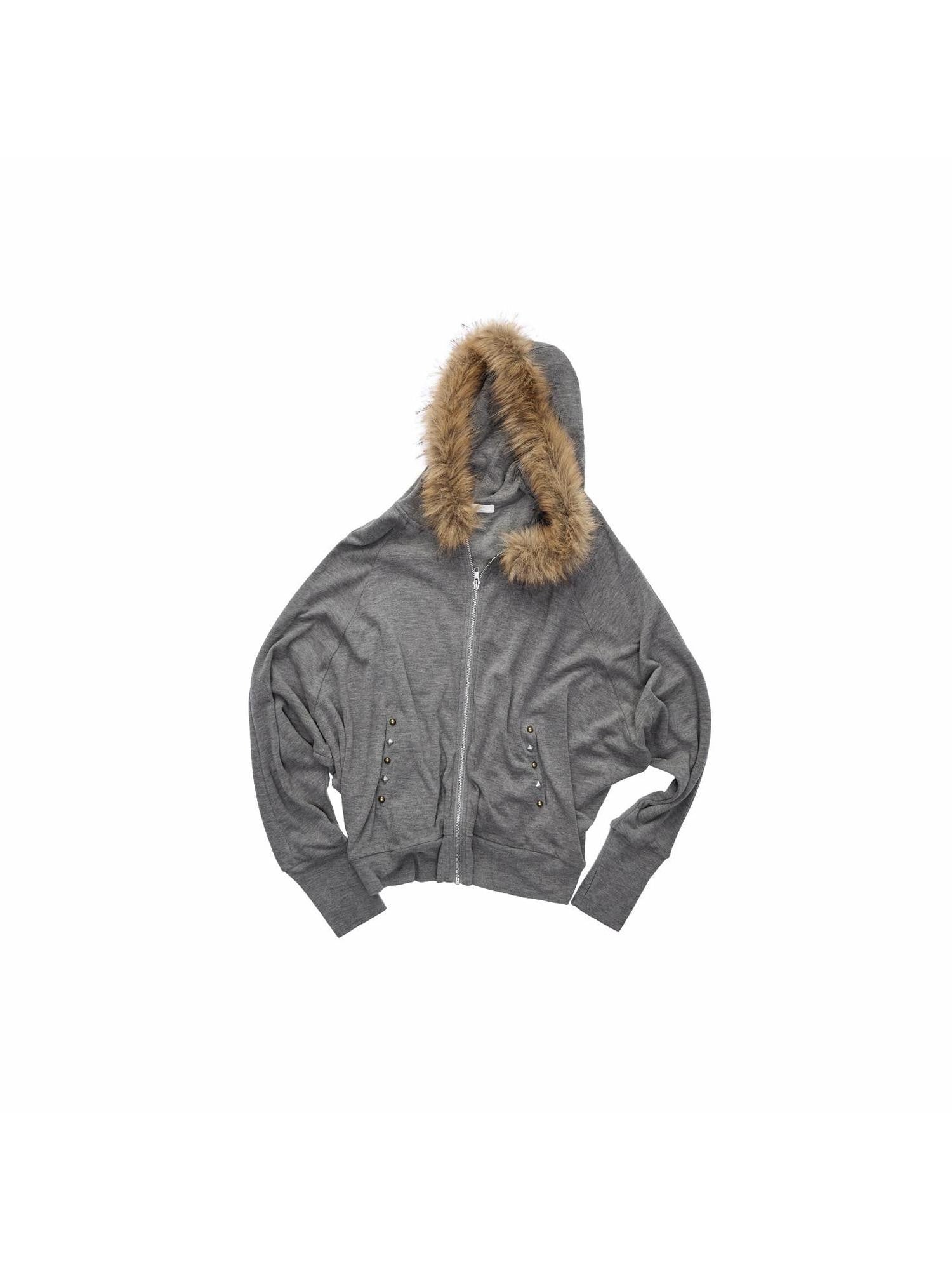 1JINN STUDIO Solid Studded Fur Collar Batwing Hooded Drawstring Women&