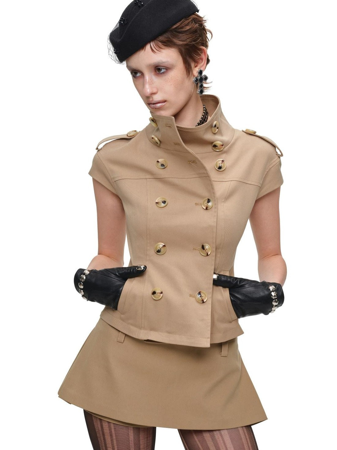 1JINN STUDIO Stand Collar Double Breasted Waist Cinched Slimming Women&