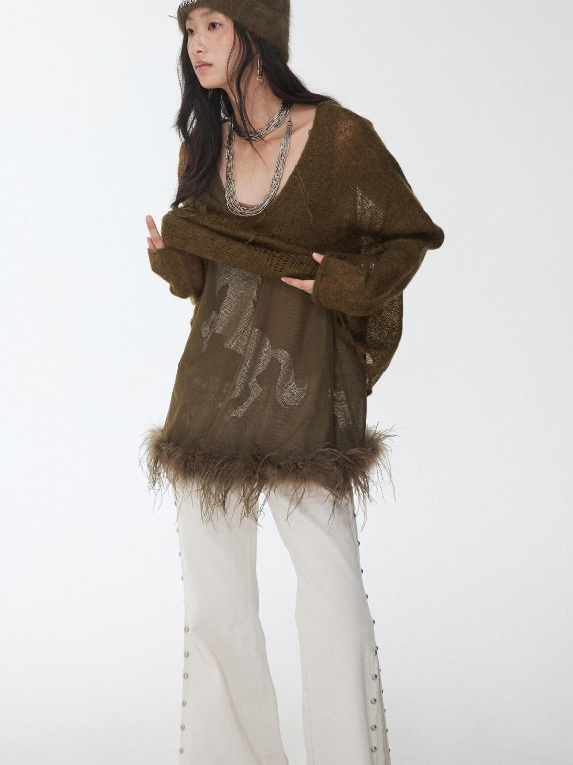 1JINN STUDIO Star Cutout V-neck Sheer Relaxed Knit Women&