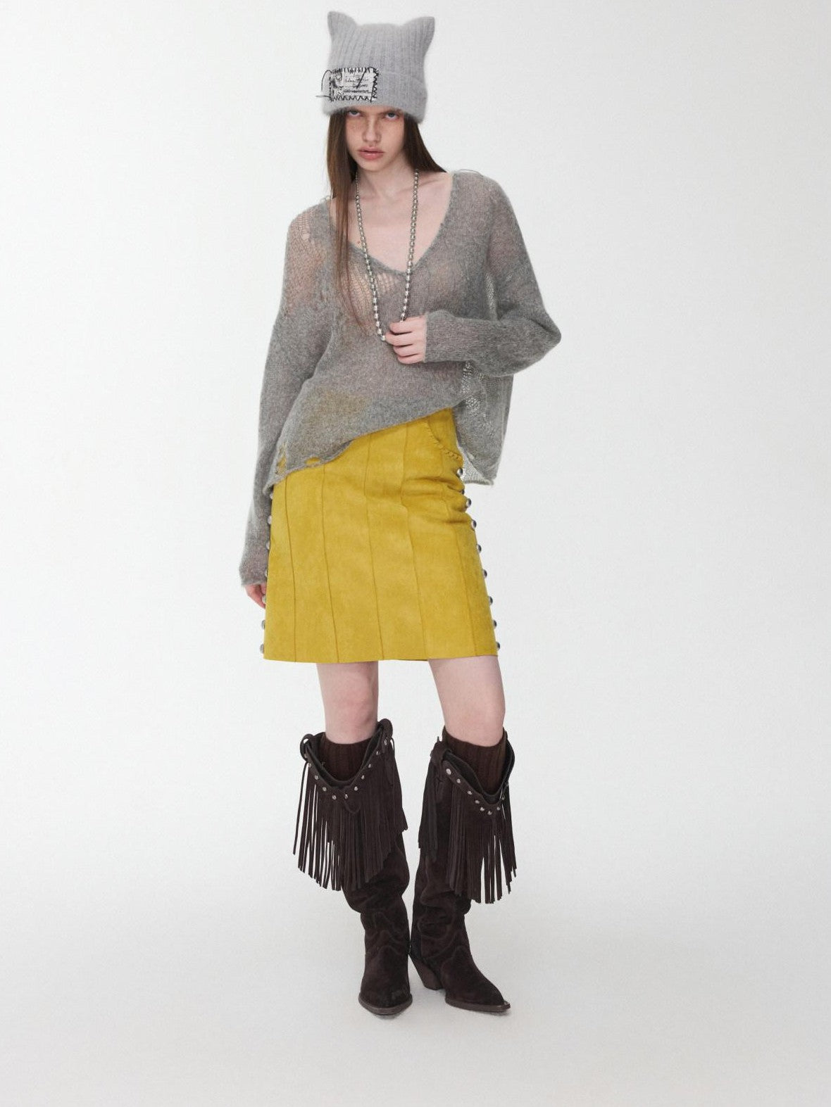1JINN STUDIO Star Cutout V-neck Sheer Relaxed Knit Women&
