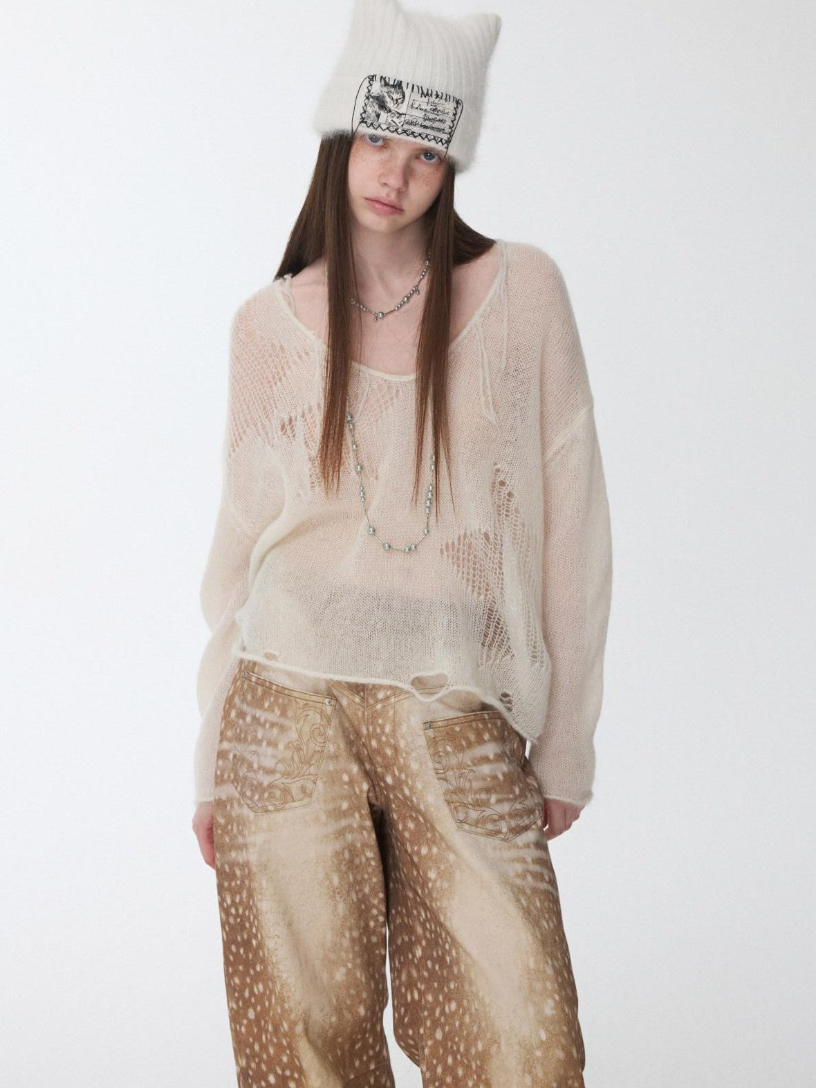 1JINN STUDIO Star Cutout V-neck Sheer Relaxed Knit Women&