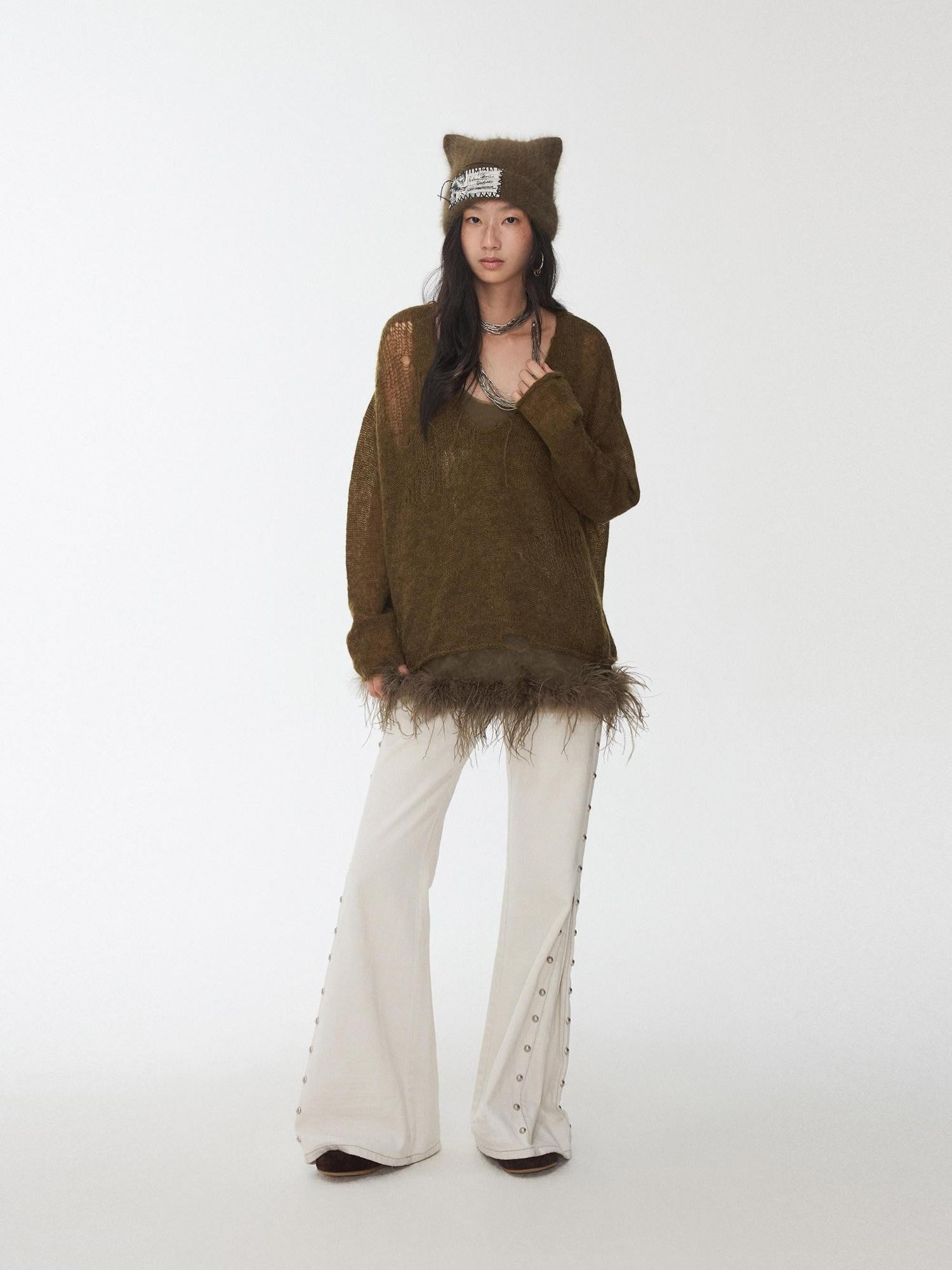 1JINN STUDIO Star Cutout V-neck Sheer Relaxed Knit Women&