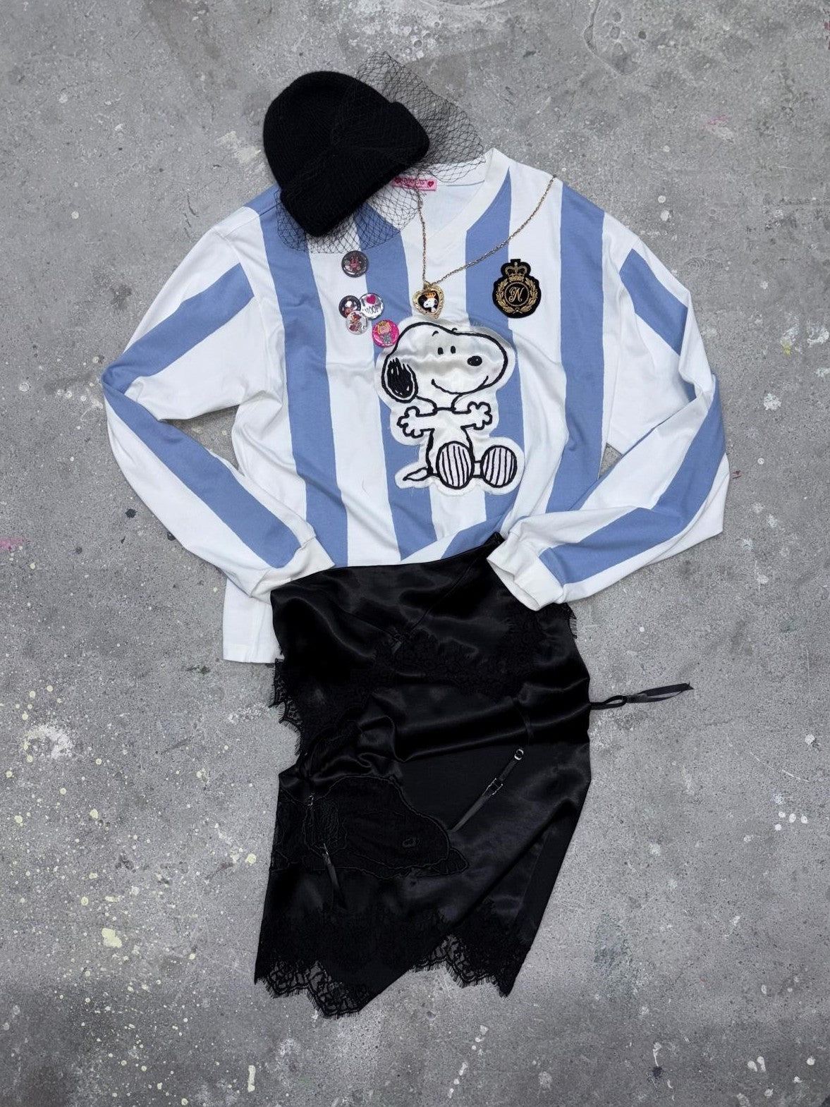 1JINN STUDIO Striped Applique Embroidery Retro Loose Women&