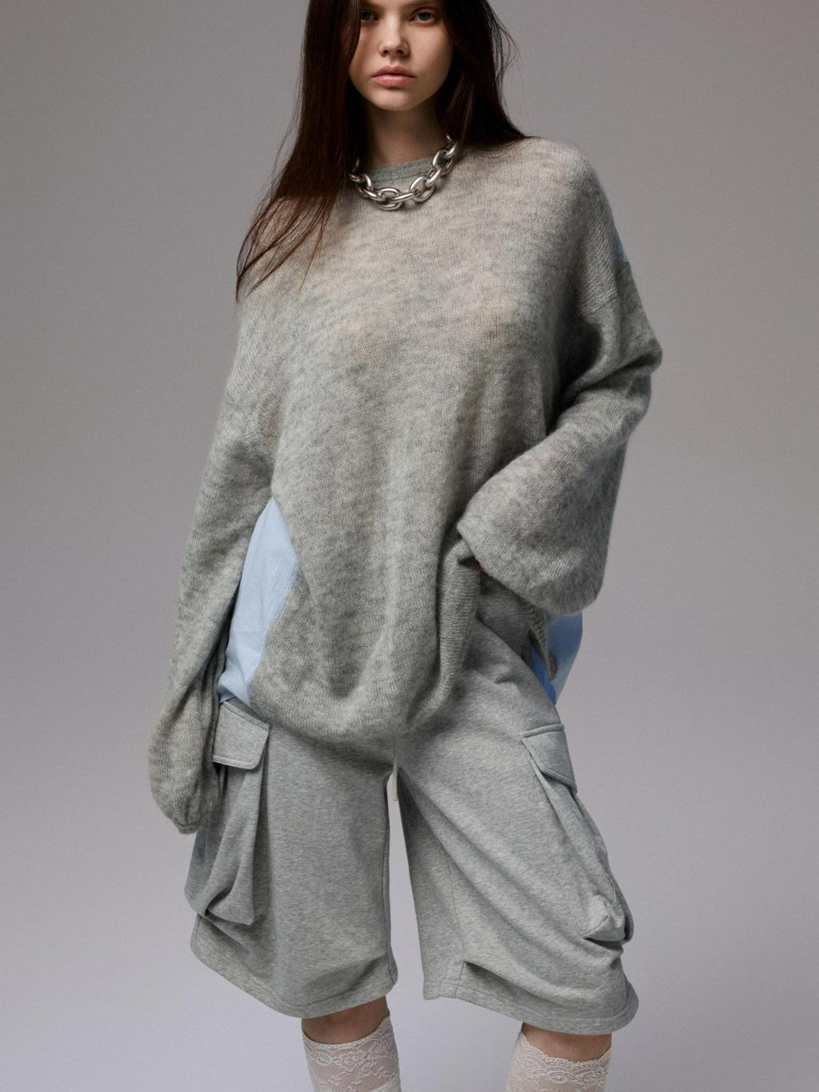 1JINN STUDIO Striped Patchwork Drop Shoulder Loose Knit Women&