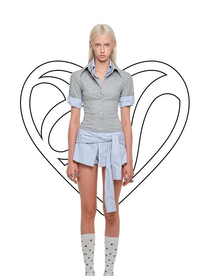 1JINN STUDIO Striped Patchwork Faux Polo Collar Women&