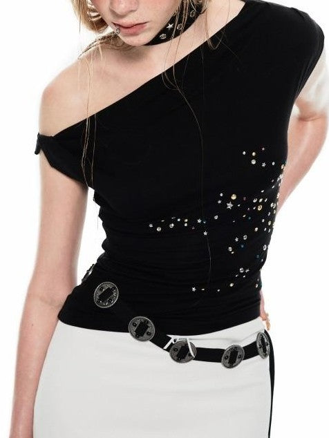 1JINN STUDIO Studded One Shoulder Asymmetrical Fitted Women&