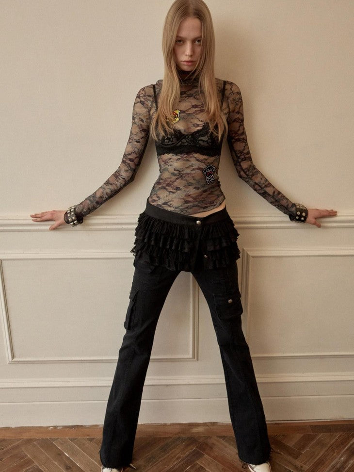 1JINN STUDIO Tweed Inspired Metal Buckle Lace Trim Waist Cincher Women&