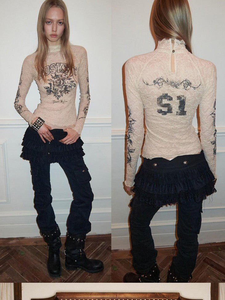 1JINN STUDIO Tweed Inspired Metal Buckle Lace Trim Waist Cincher Women&