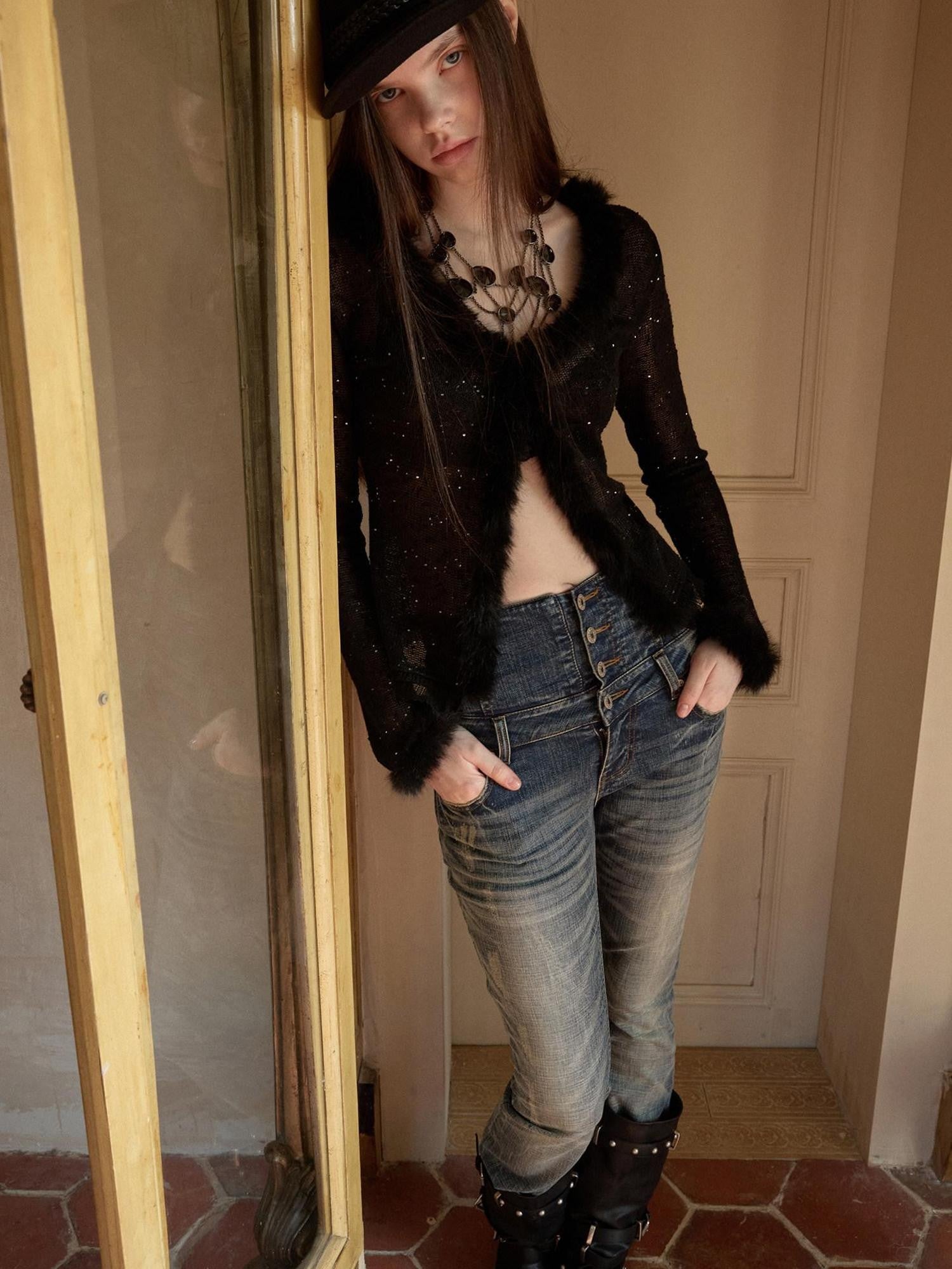 1JINN STUDIO V-neck Sequin Fuzzy Spliced Slim Fit Women&