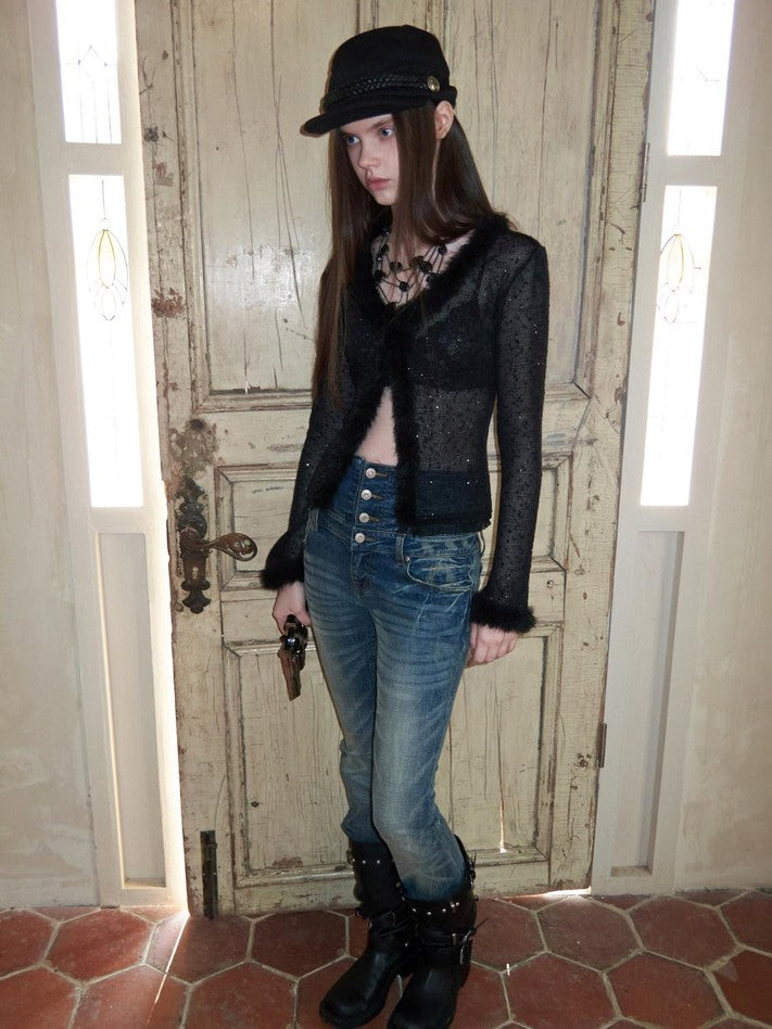 1JINN STUDIO V-neck Sequin Fuzzy Spliced Slim Fit Women&