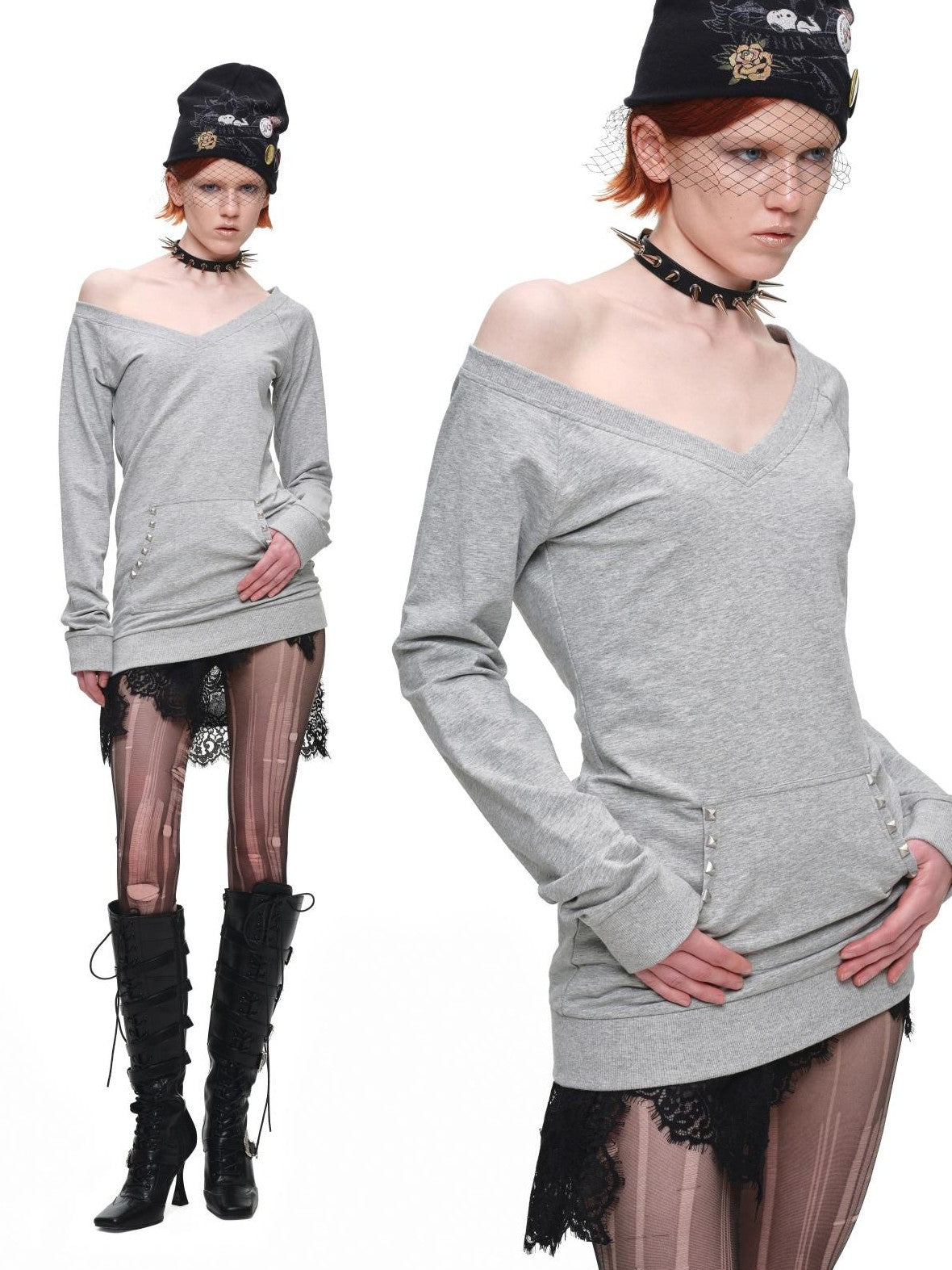 1JINN STUDIO V-neck Studded Solid Color Slim Fit Knit Women&