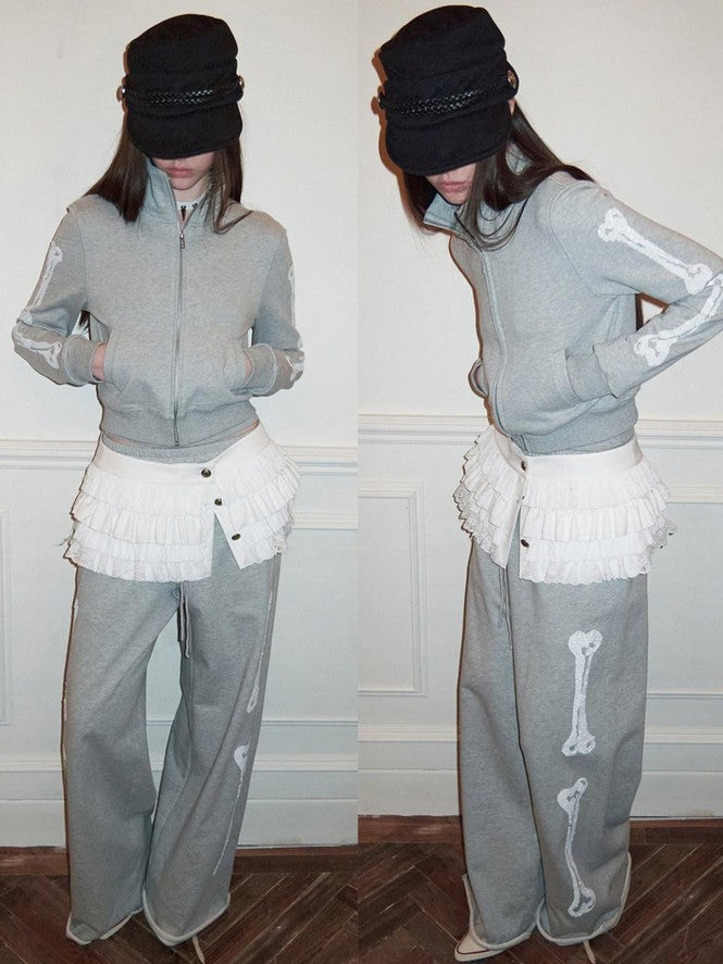 1JINN STUDIO Vintage Bone Sequin Embroidery Stand Collar Cropped Women&