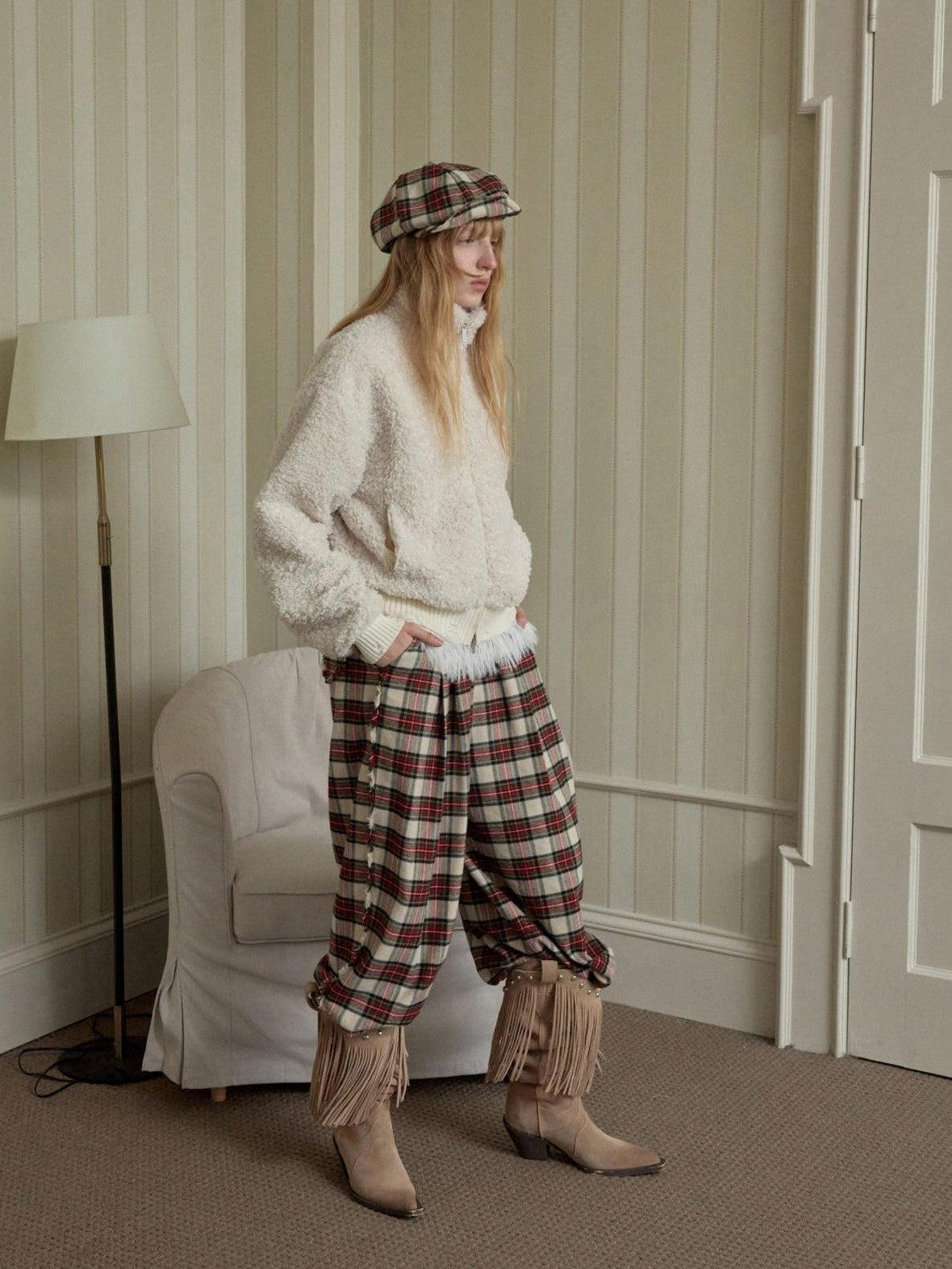 1JINN STUDIO Vintage British Two Tone Check Newsboy Inspired Women&