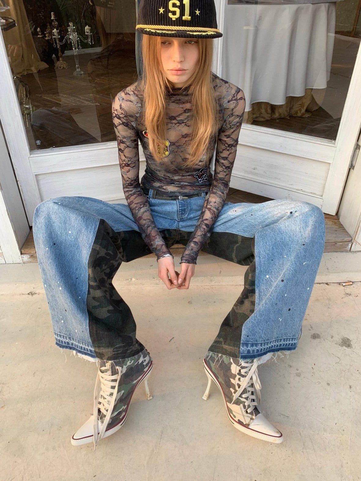 1JINN STUDIO Vintage Camo Lace Print Patch Raglan Collar Women&