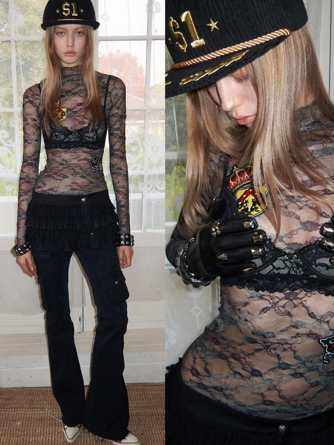1JINN STUDIO Vintage Camo Lace Print Patch Raglan Collar Women&