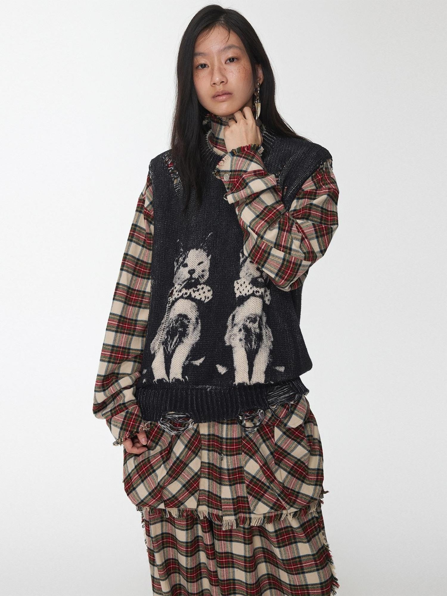 1JINN STUDIO Vintage Cat Print Distressed Cutout Women&
