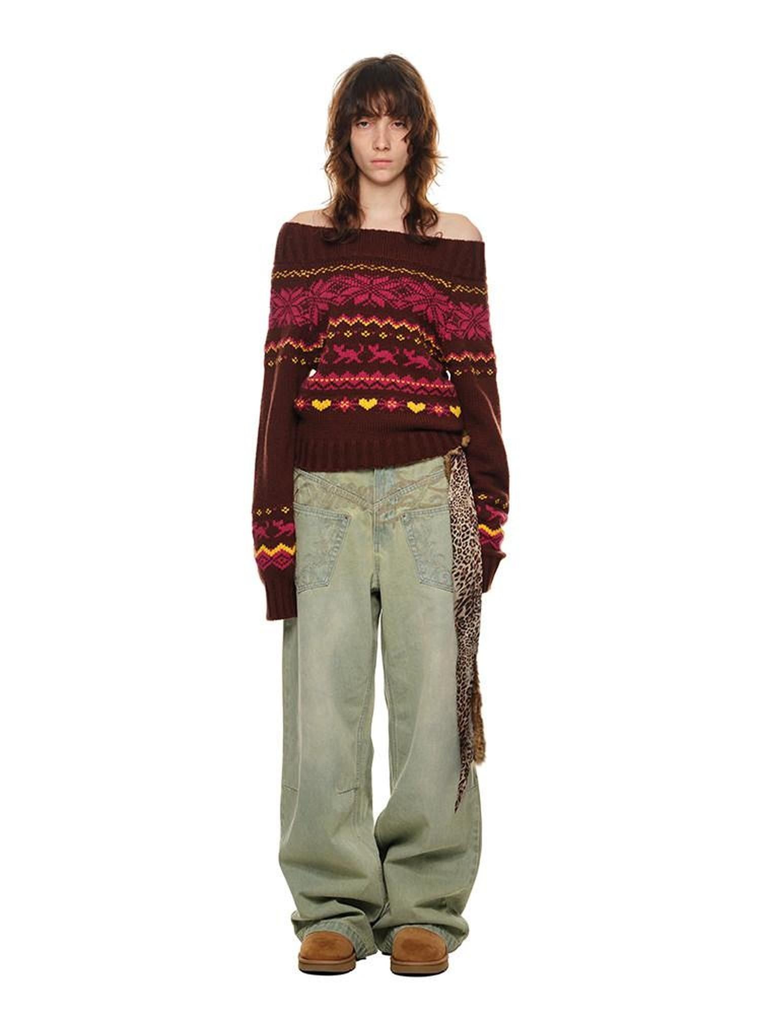 1JINN STUDIO Vintage Chunky Knit Fair Isle Christmas Women&