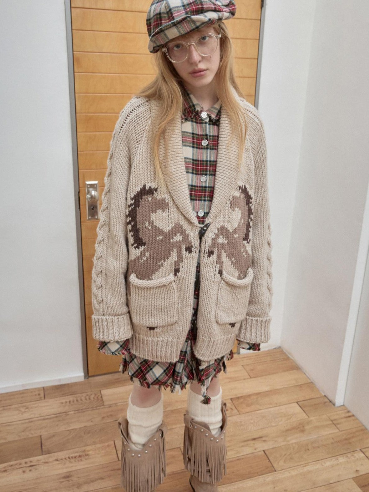 1JINN STUDIO Vintage Chunky Pony Jacquard Toggle Lapel Women&