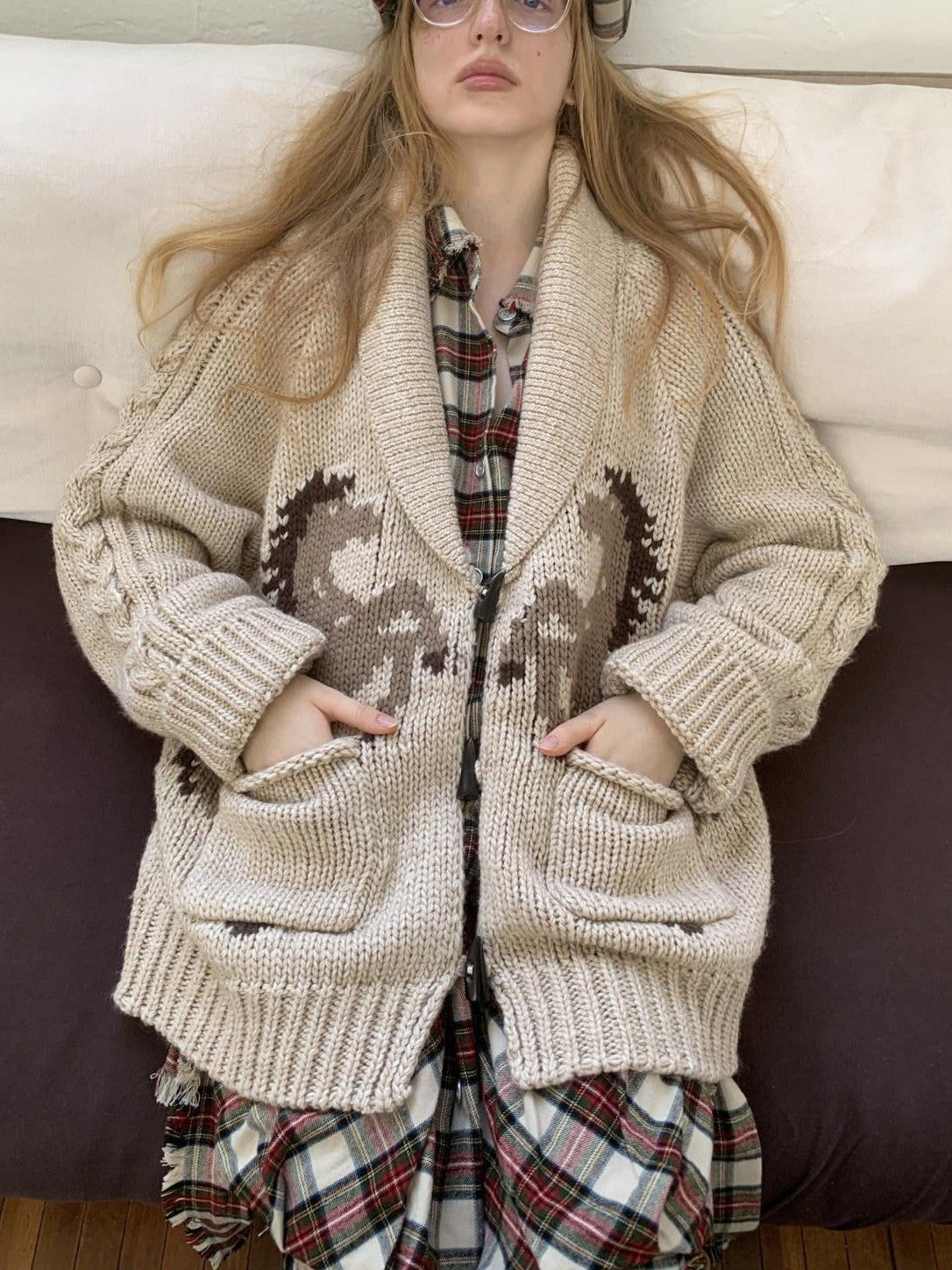 1JINN STUDIO Vintage Chunky Pony Jacquard Toggle Lapel Women&