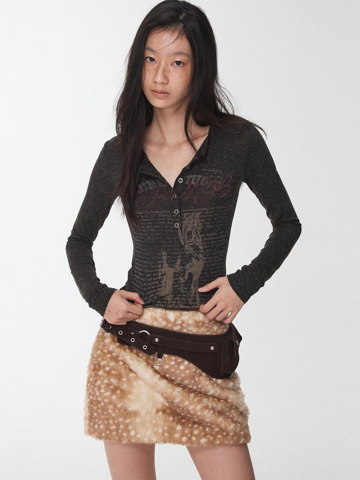 1JINN STUDIO Vintage Deer Print Low Waist Slim Fit Women&