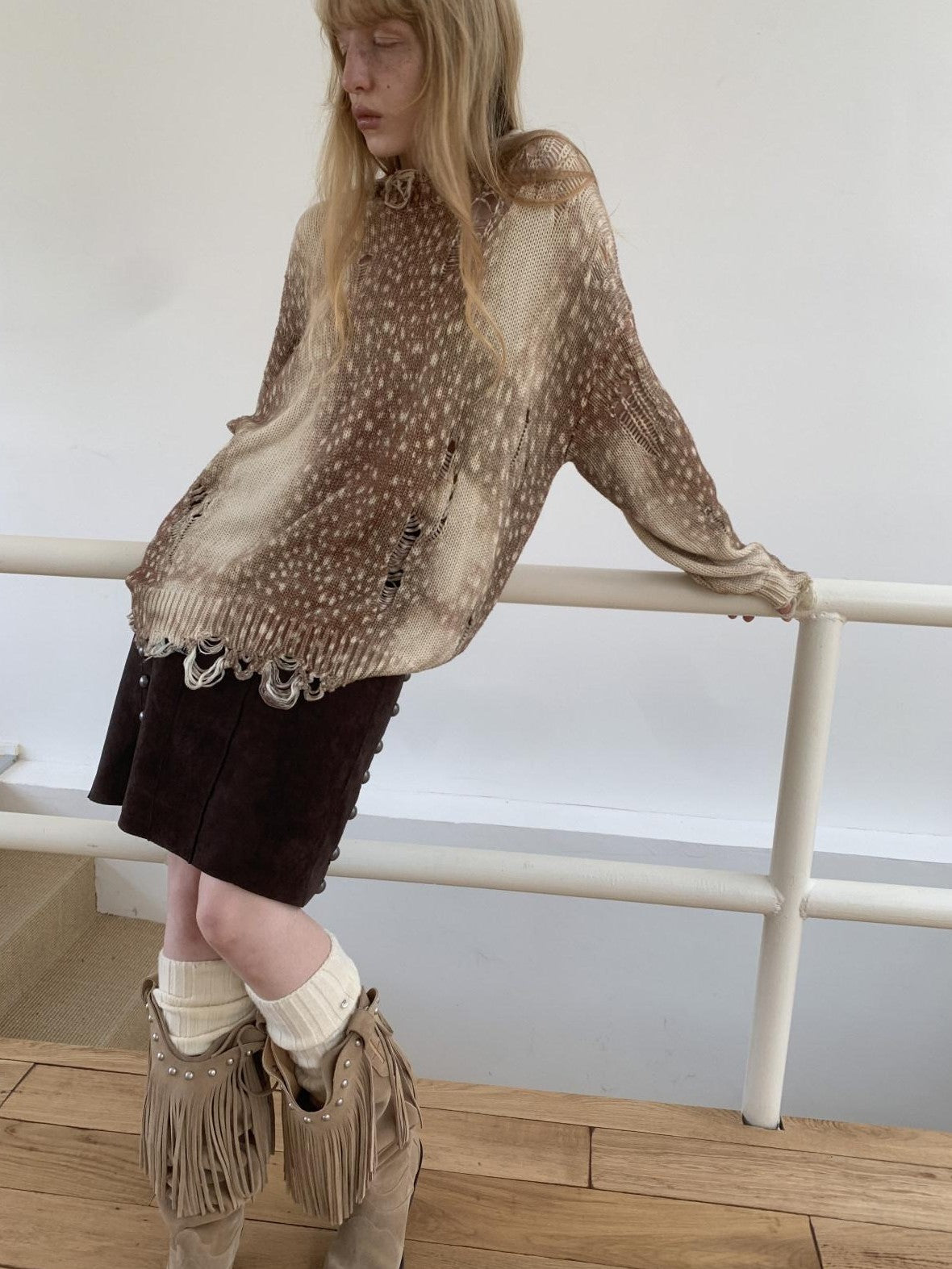 1JINN STUDIO Vintage Deer Print Openwork Distressed Women&