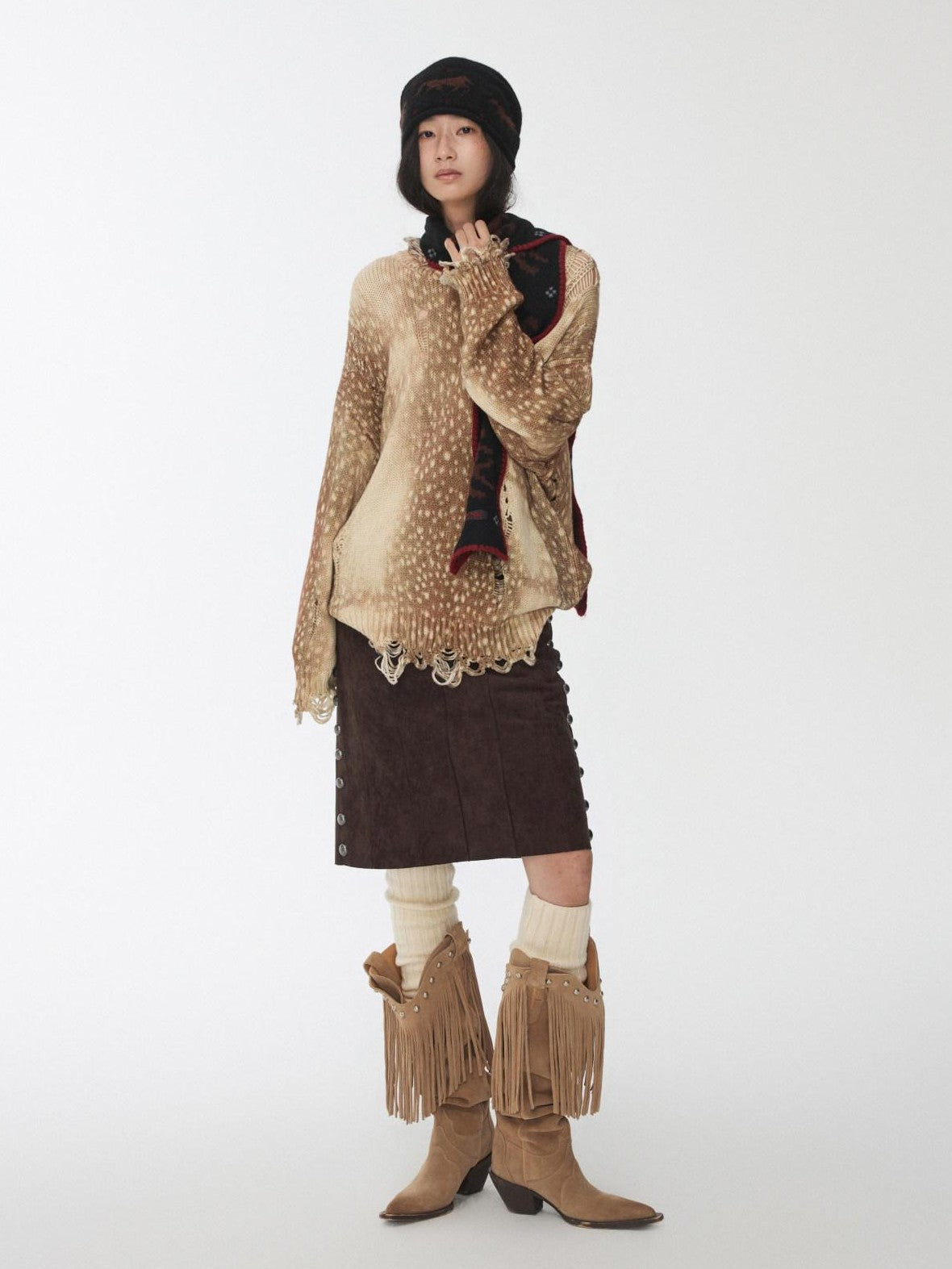 1JINN STUDIO Vintage Deer Print Openwork Distressed Women&