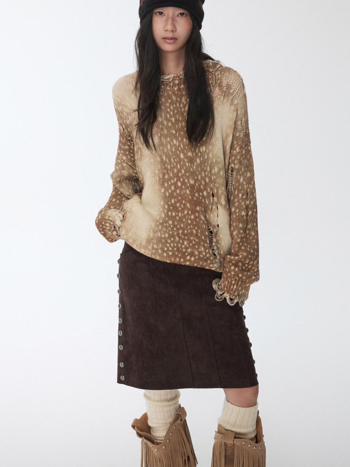 1JINN STUDIO Vintage Deer Print Openwork Distressed Women&