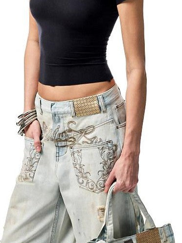 1JINN STUDIO Vintage Distressed Washed Mud Dye Low Rise Women&