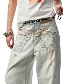1JINN STUDIO Vintage Distressed Washed Mud Dye Low Rise Women&